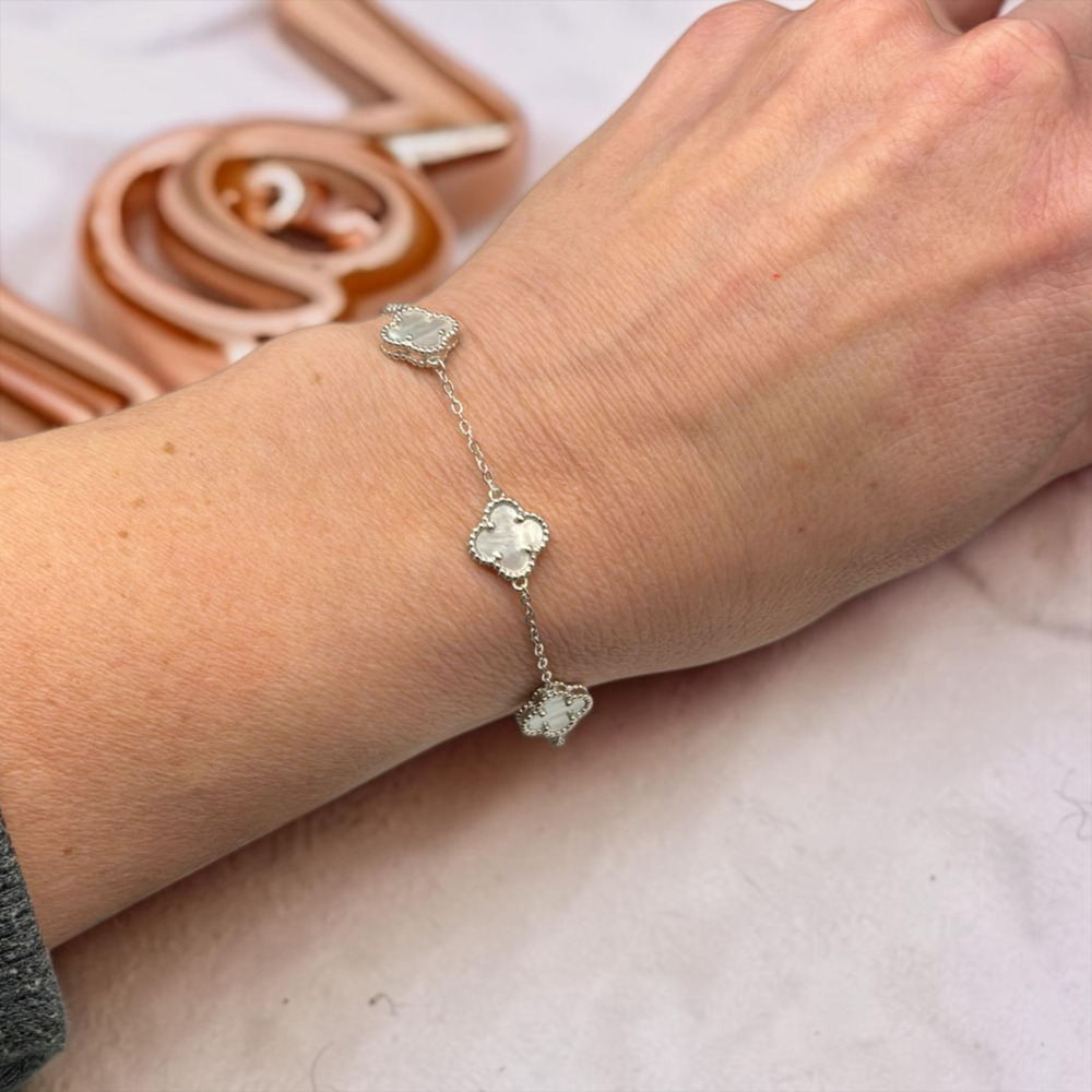 Sterling Silver Clover Mother of Pearl Station Bracelet